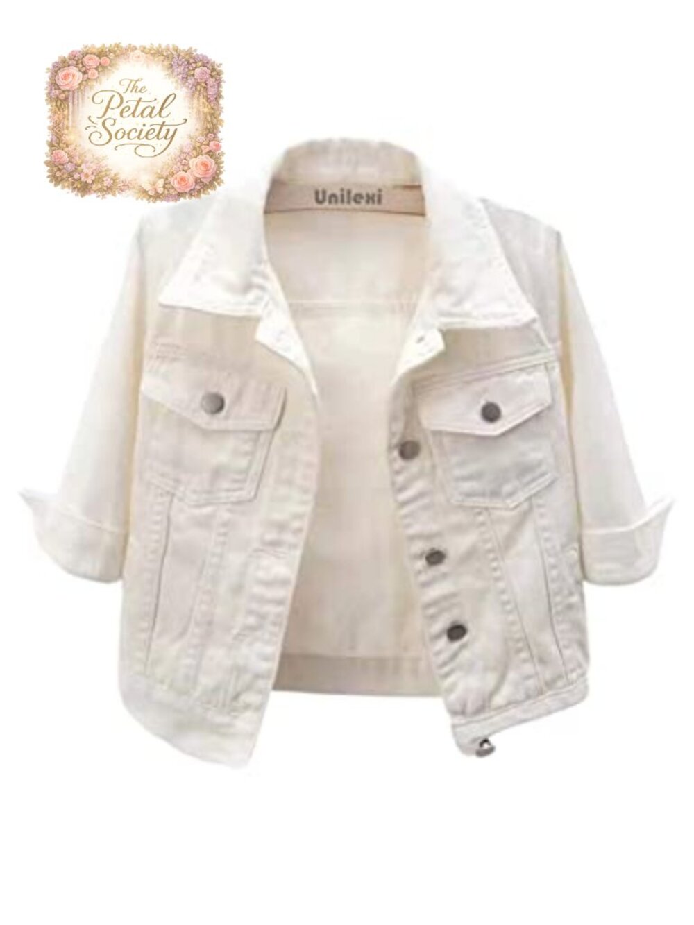 Cropped Denim Jacket 3/4 Sleeve Button Down Trucker Coat Casual